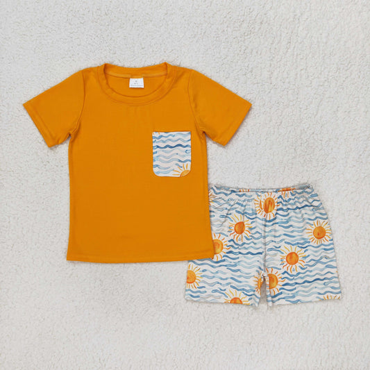 BSSO0897 Sun Wavy line pocket orange short sleeve shorts set infant boy clothing sets