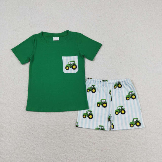 BSSO0903 Farm tractor pocket green short-sleeved blue striped shorts set boys clothing sets 0-6month