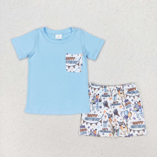 BSSO0907 happy birthday bluey Balloon pocket Blue short sleeve shorts set High quality