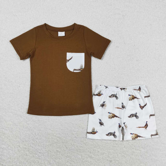 BSSO0925 Bird white pocket brown short sleeve shorts set boys clothing sets 3-4 years