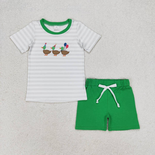 BSSO0926 Embroidered birthday balloon duck striped short sleeve green shorts set boys clothing sets short