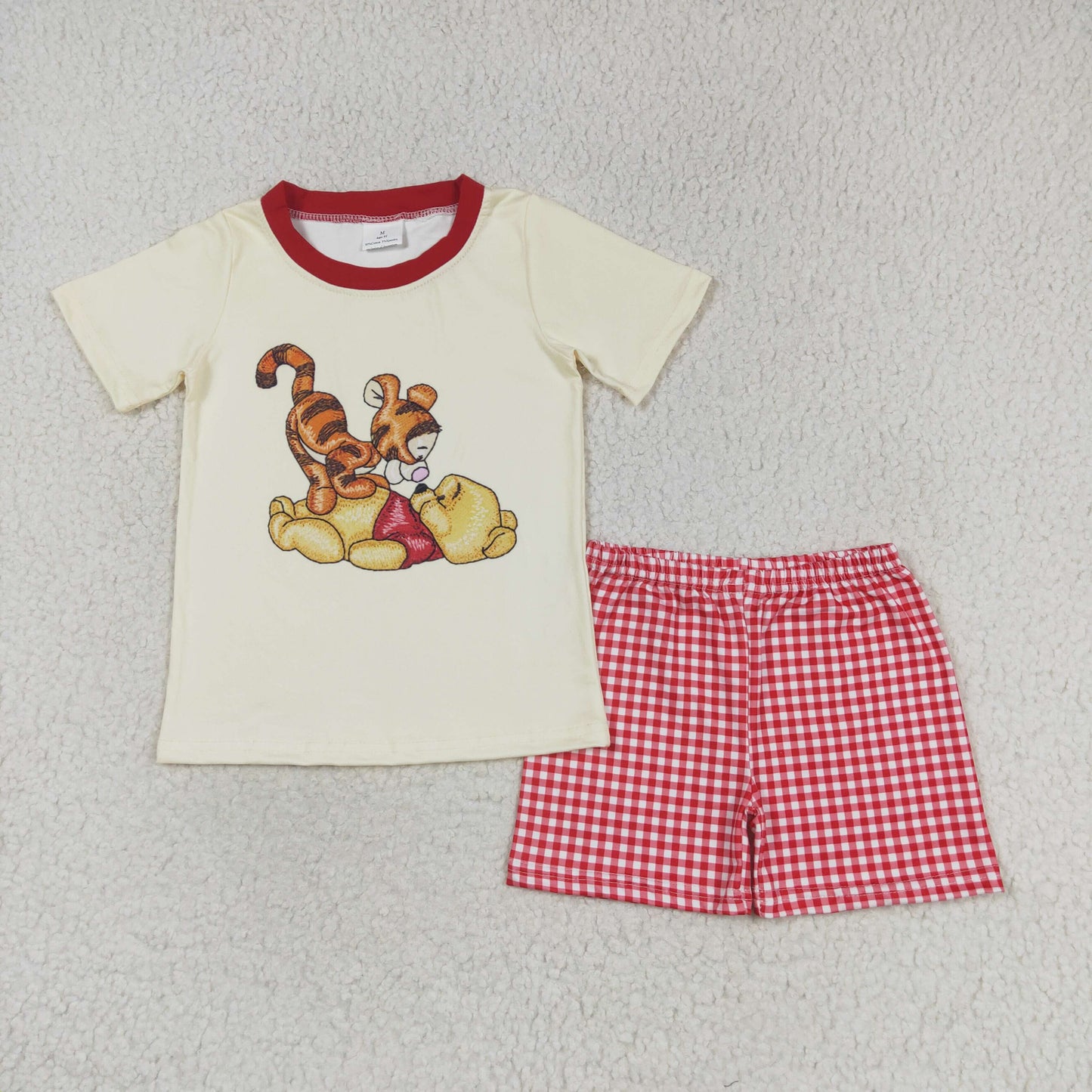 BSSO0939 Winnie the Pooh Beige Short Sleeve Red Plaid Shorts Boys Outfits RTS 202509