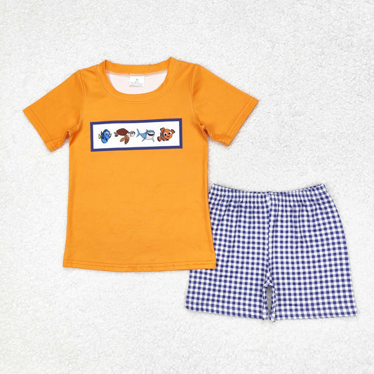 BSSO0964 NO MOQ High quality cartoon Finding Nemo Short Sleeve orange plaid shorts set