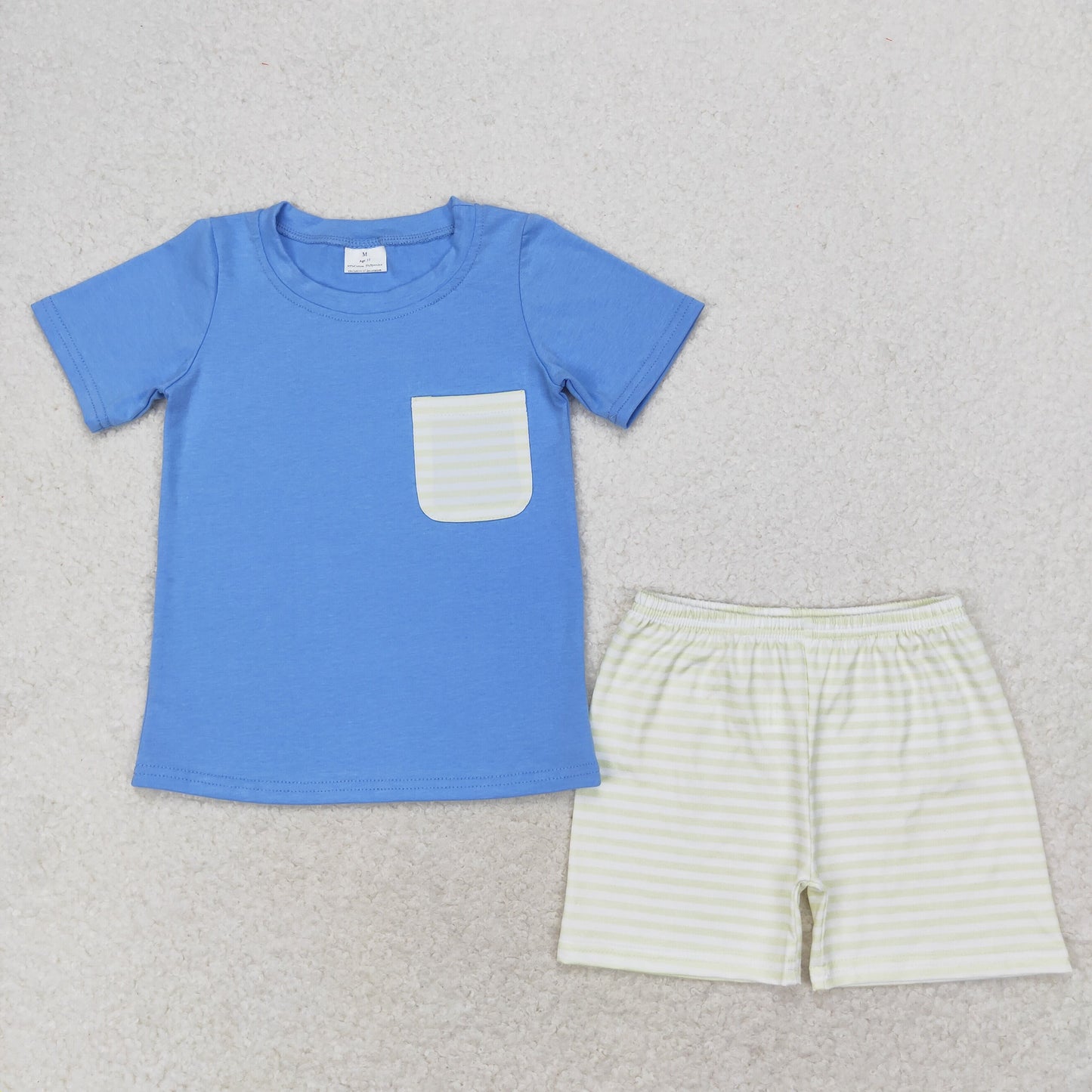 BSSO0985 Striped pocket haze blue short-sleeved shorts suit boys clothing sets 8 9 years