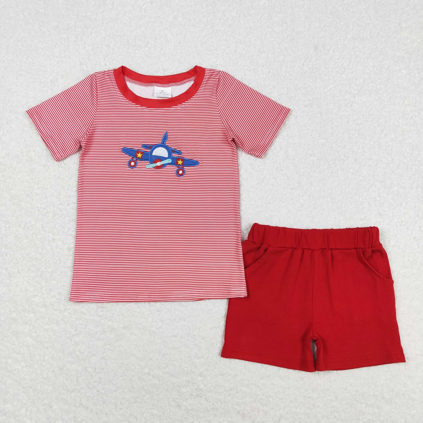 BSSO0995 Aircraft red striped short sleeve shorts set High quality 12 years girls clothing sets