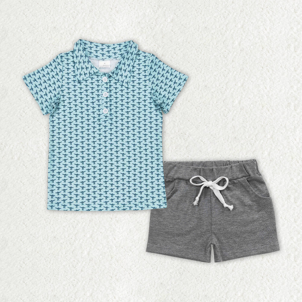 BSSO0998 Turquoise button short sleeve light grey pocket shorts suit baby clothing sets boy