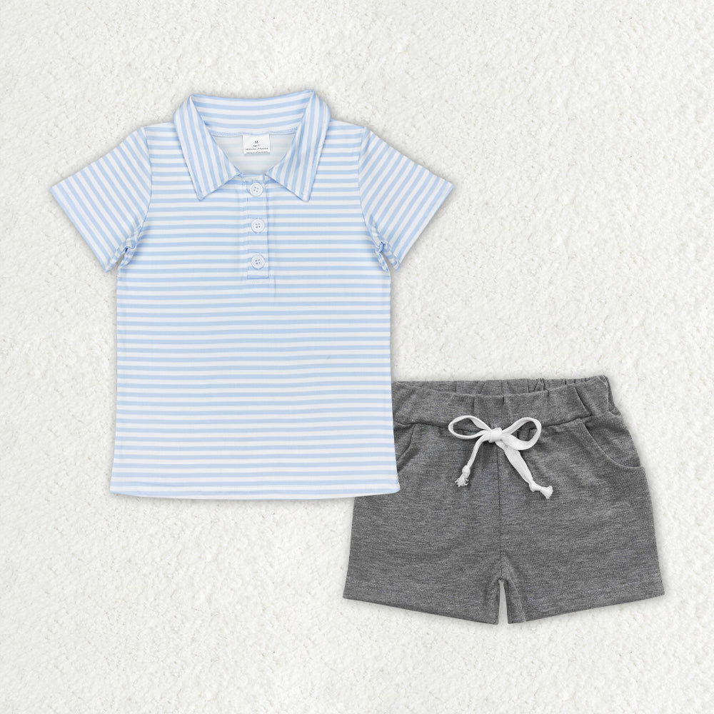 BSSO0999 Light blue striped short sleeve grey pocket shorts suit boys clothing sets short