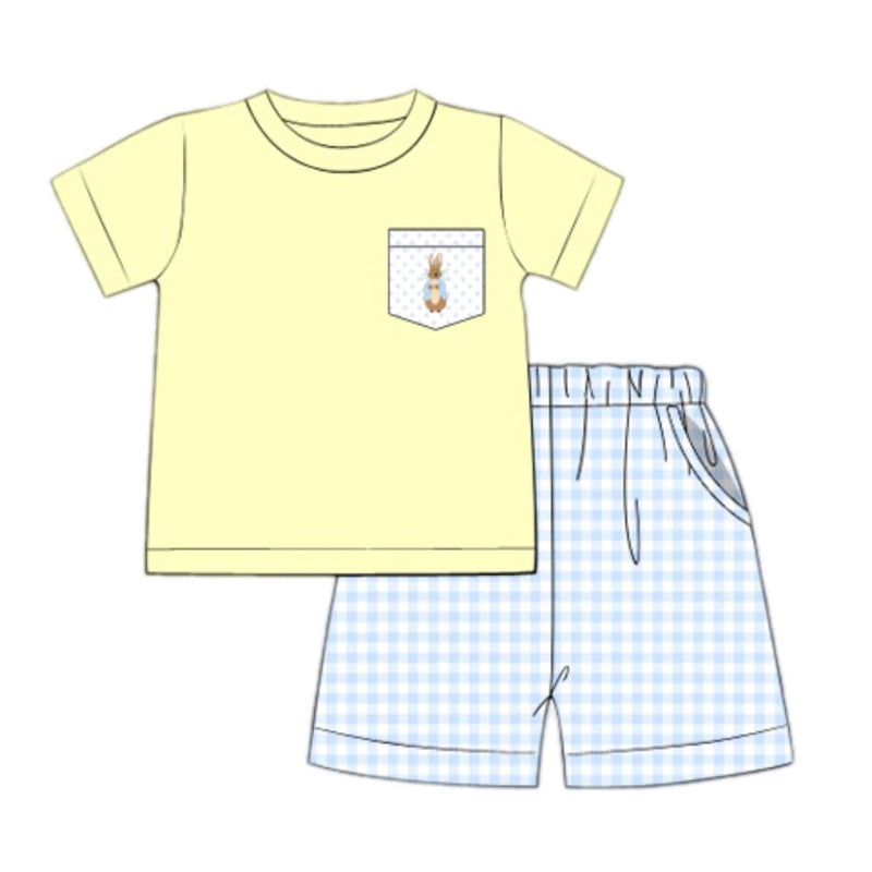 Preorder BSSO1005 Easter Bunny polka dot pocket yellow short-sleeved plaid shorts suit