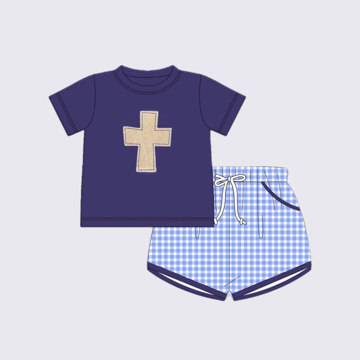 Preorder BSSO1006 Easter Cross navy blue short-sleeved plaid shorts suit