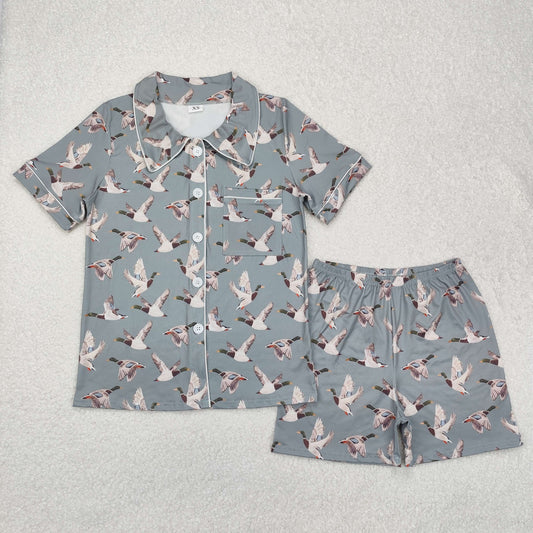 BSSO1046  Hunting duck pattern Adult Man Grey button short sleeve pants pajamas set New arrival
