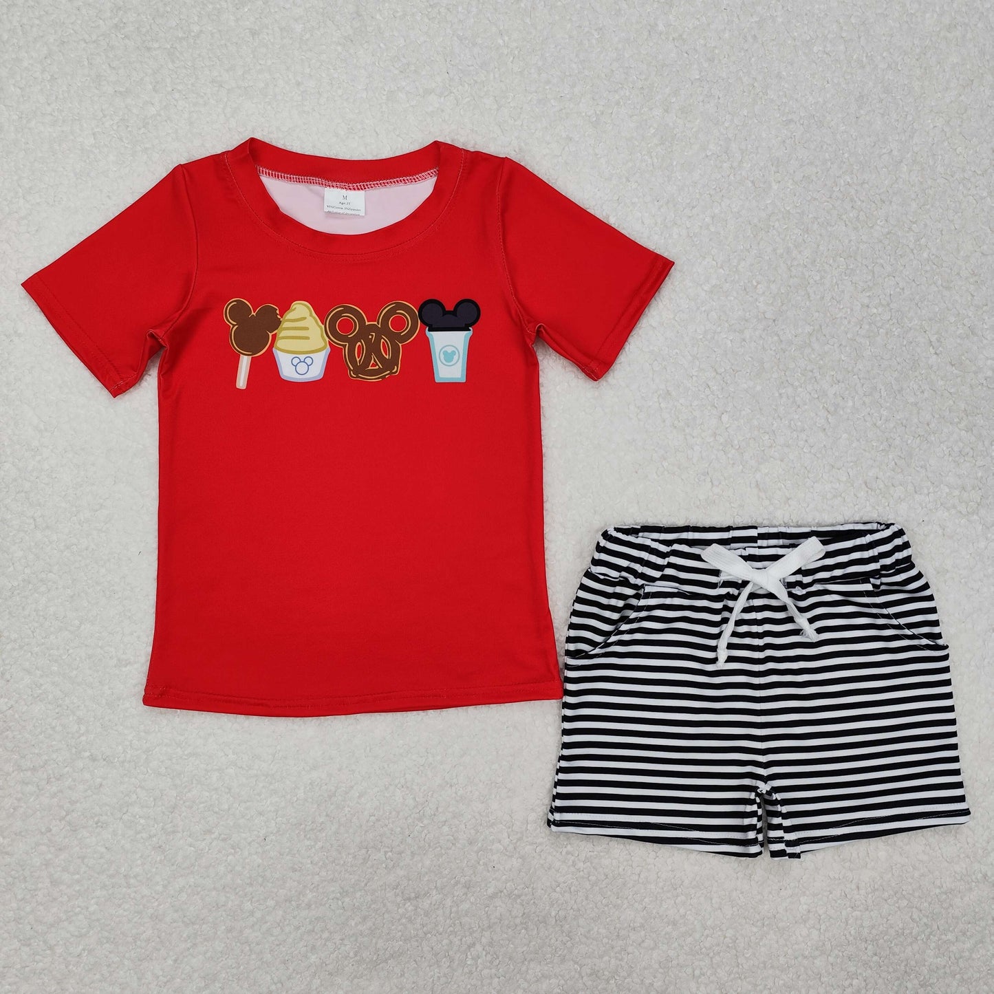 BSSO1110 Ice cream Mickey Mouse Red short sleeve top Black striped shorts set boutique boy clothing sets summer outfit RTS 202501