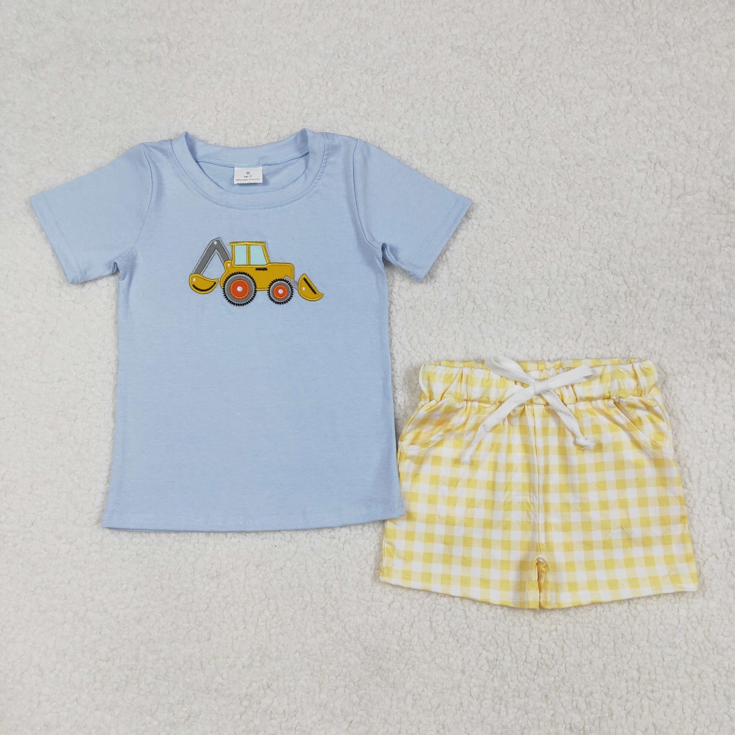 BSSO1117 Embroidered Truck Blue Yellow plaid short sleeve top shorts set Boys Boutique  outfit 202502 RTS