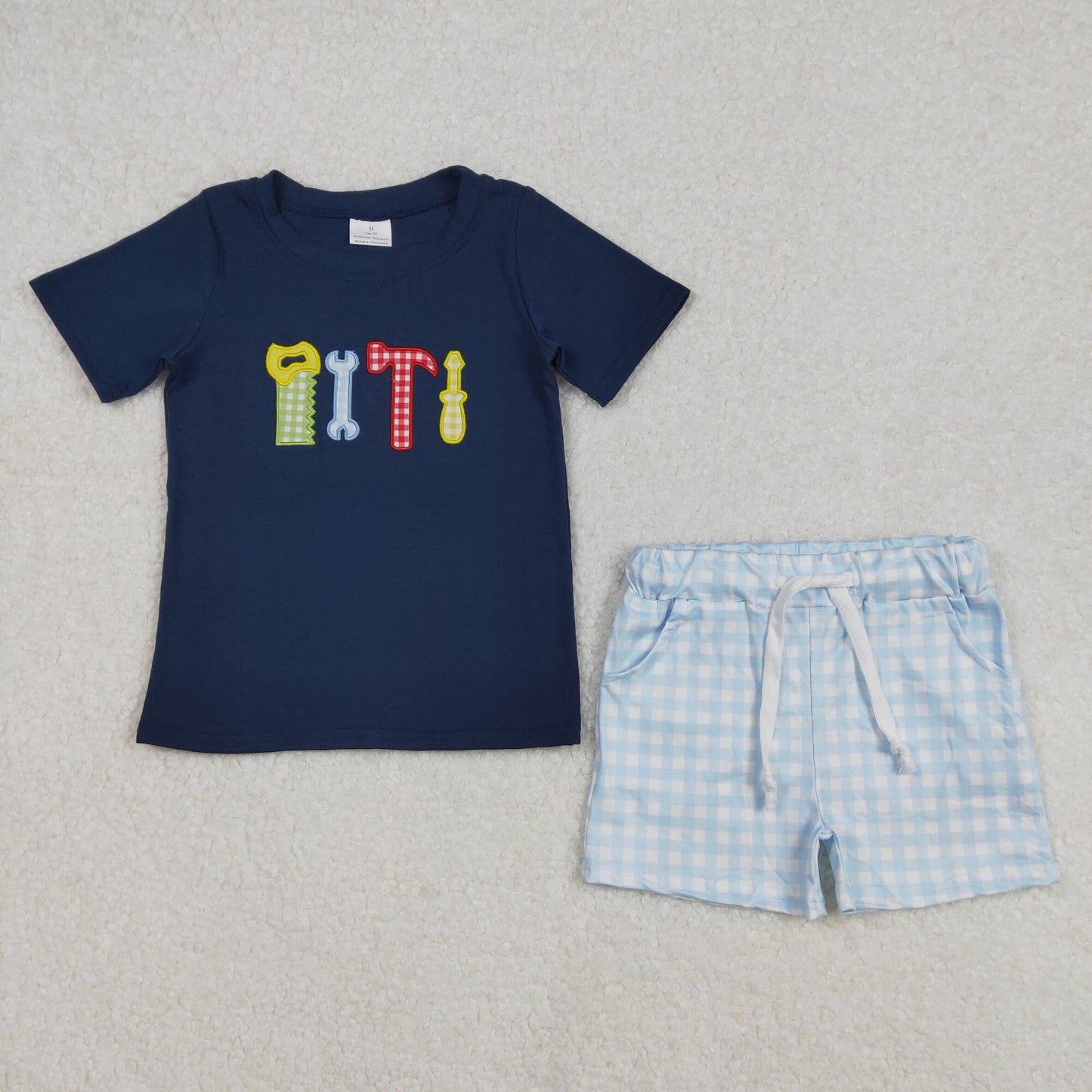 BSSO1118 Embroidered Navy Blue Toolbox plaid short sleeve top shorts set Boys Boutique  outfit 202502 RTS