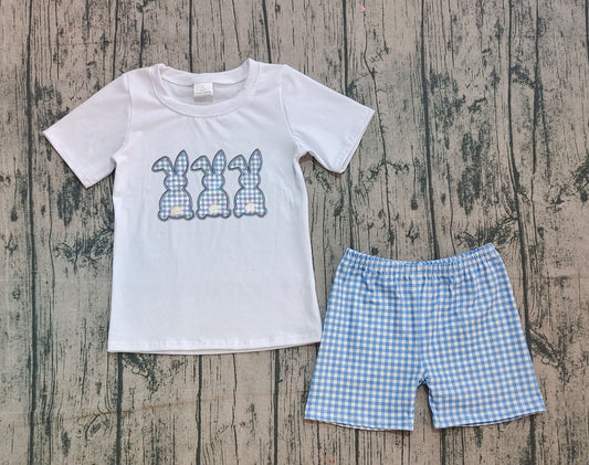 NO MOQ preorder BSSO1123 Embroidered Easter Bunny Blue Plaid Short-Sleeved Shorts Boys Set 202509