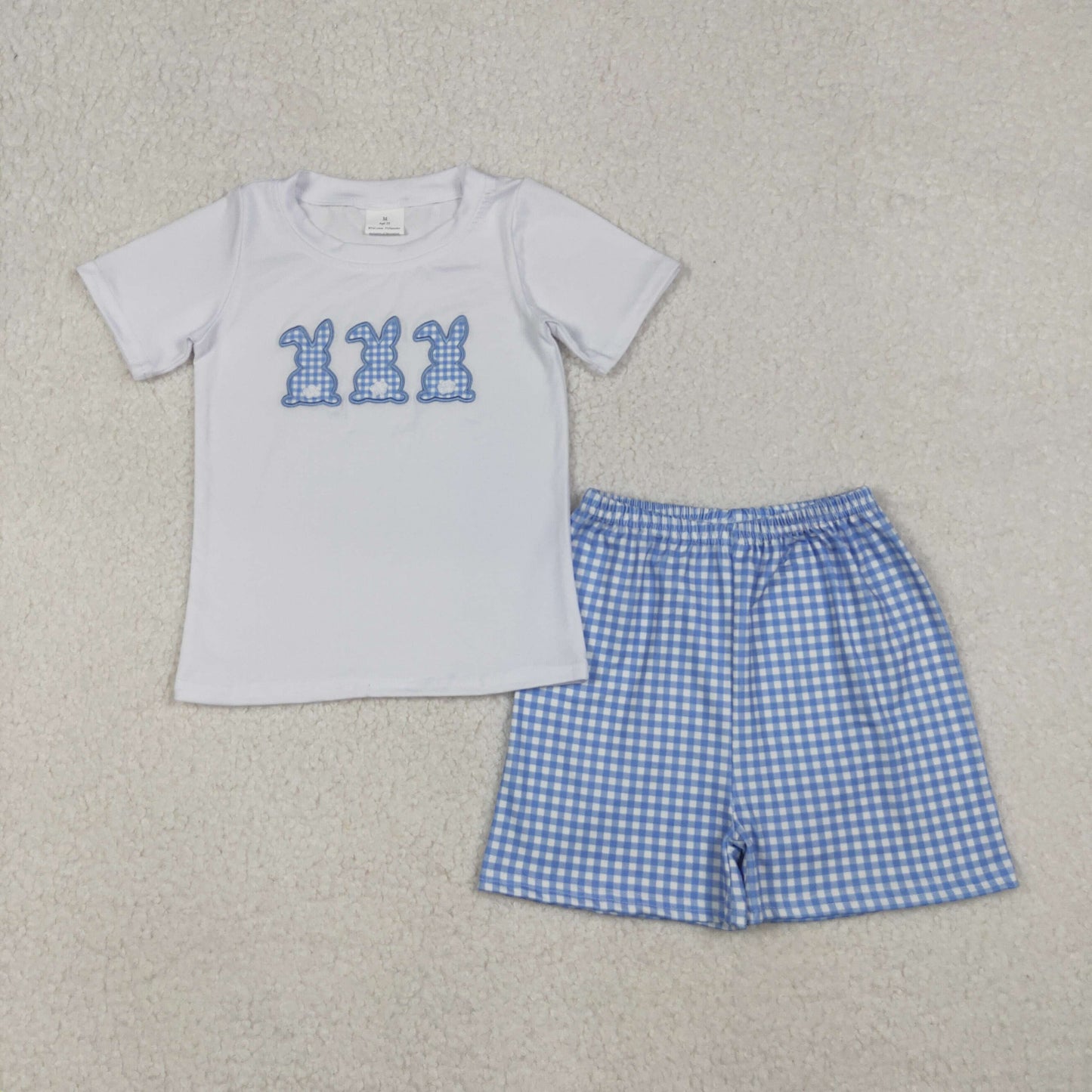 BSSO1123 Embroidered Easter Bunny Blue Plaid Short-Sleeved Shorts Boys Set 202510 RTS