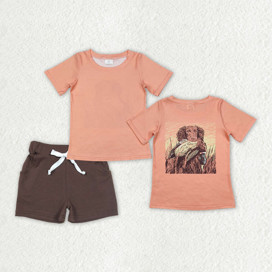 BSSO1202 Puppy Printed Orange Short Sleeve Shirts Brown Pants sets summer outfit RTS 202412