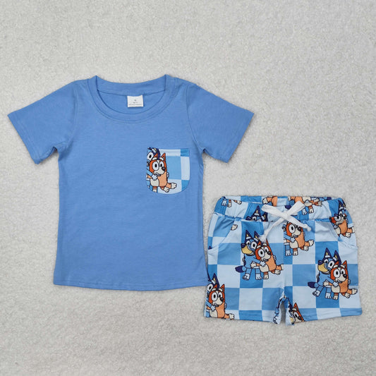 BSSO1211  Cartoon Bluey Pattern Blue Short sleeve top shorts boy boutique summer outfit 202501