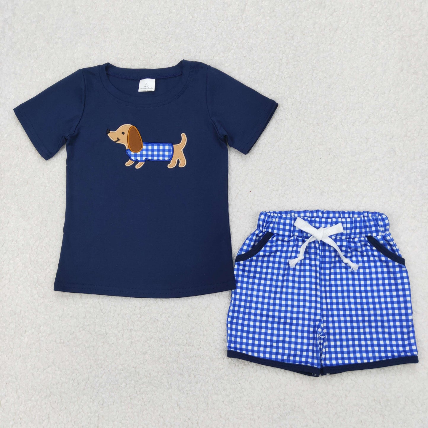 BSSO1227 Embroidered Puppy Navy Blue Short Sleeve Top Plaid Shorts Sets Boutique Boys Outfits 202503 RTS