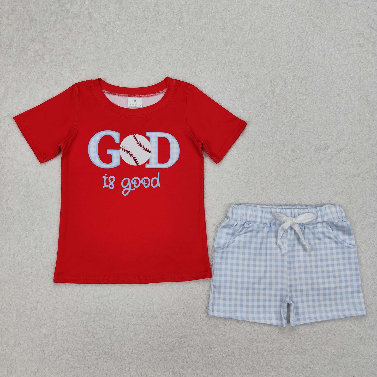 BSSO1248 baseball print letter red short sleeve top blue plaid shorts set boys boutique outfits 202503 RTS