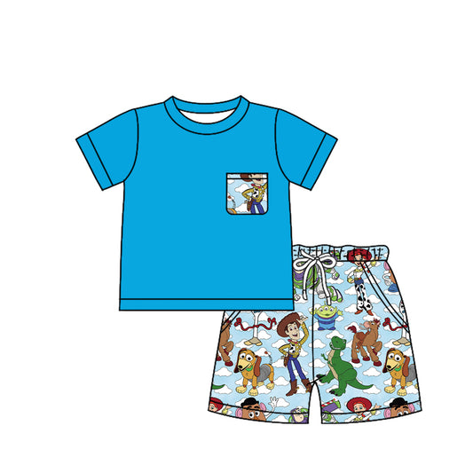 Preorder BSSO1251 Cartoon Bluey Outfit Blue Short sleeve Shorts  Boys boutique summer sets 202501