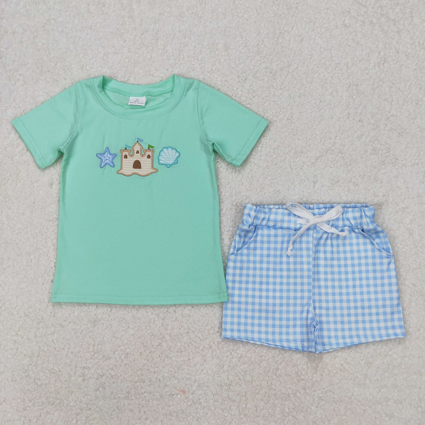 BSSO1266 Embroidered starfish castle blue green short sleeve top shorts set boutique boys outfits 202503 RTS