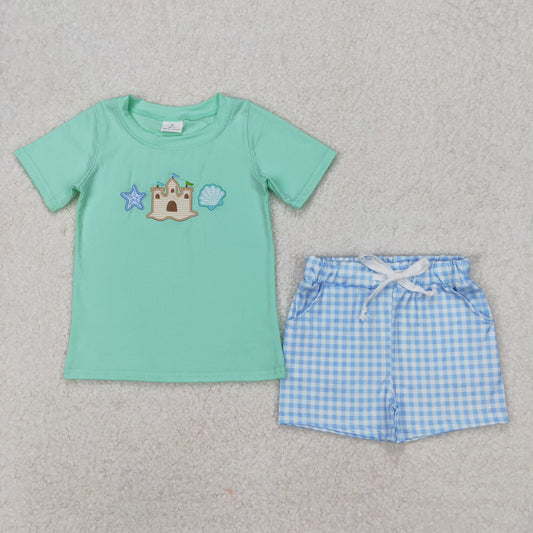 BSSO1266 Embroidered starfish castle blue green short sleeve top shorts set boutique boys outfits 202503 RTS