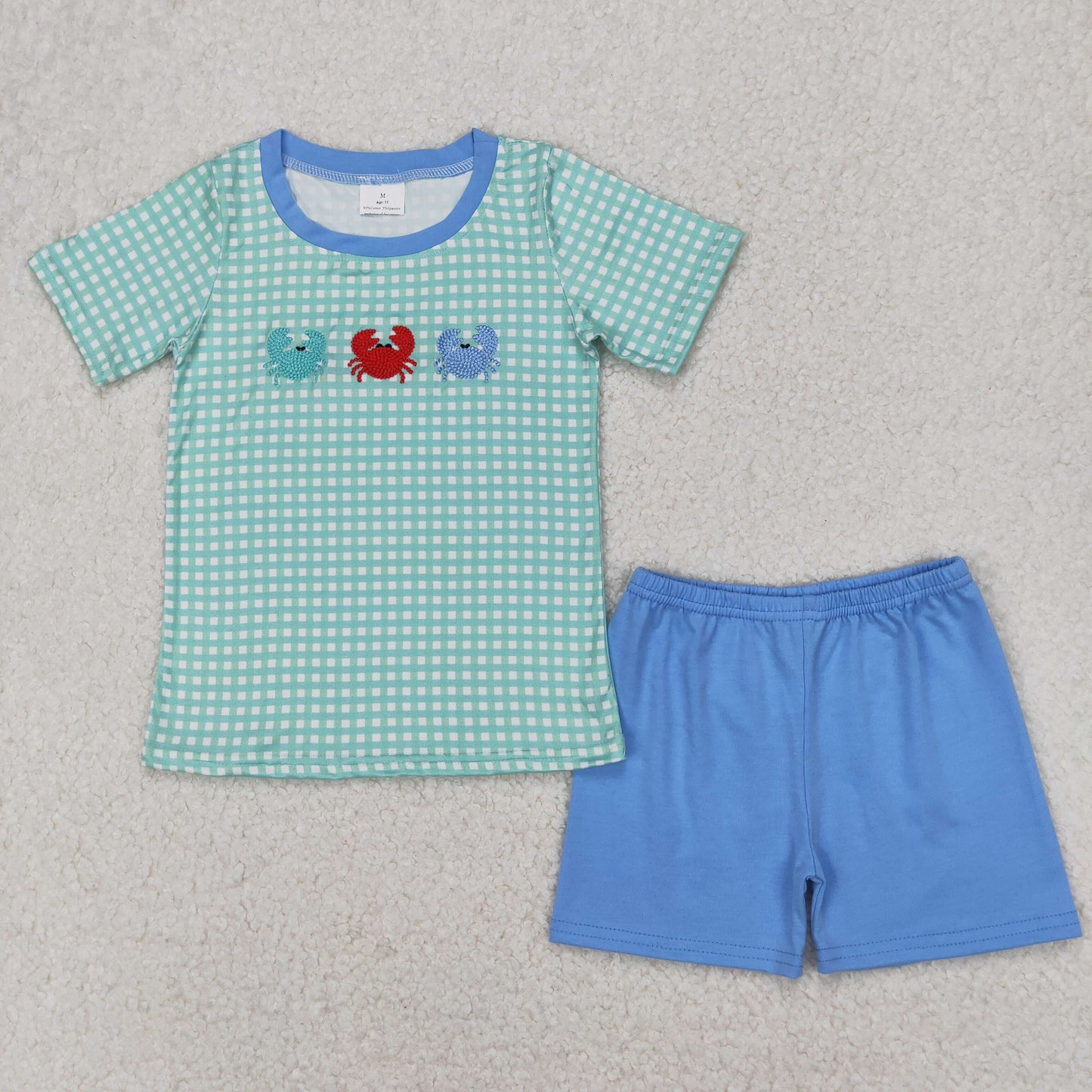 BSSO1279 Embroidered Crab Blue Green Plaid Short Sleeve Top Shorts Sets Boutique Boys Outfits 202503 RTS