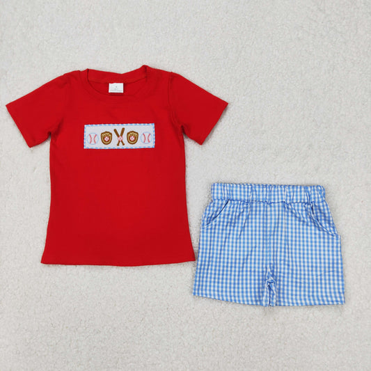 BSSO1283 Baseball Printed Embroidered Red Short Sleeve Top Blue Plaid Shorts Sets Boutique Boys Outfits 202503 RTS