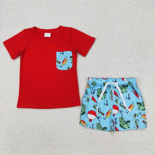 BSSO1289 fishing Red short sleeve top shorts boys Summer clothes  202503 RTS