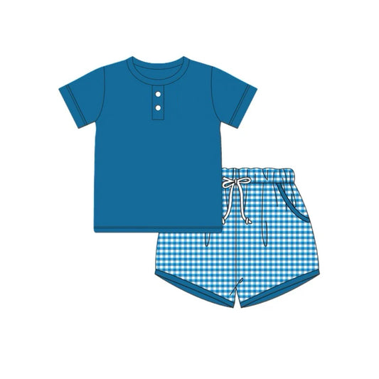 Preorder BSSO1292 Boys Solid color short sleeve top plaid shorts Boutique Summer clothes  202501