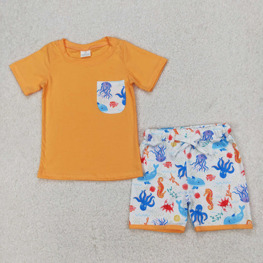 BSSO1299 Sea Animals Orange Short sleeve Top Shorts Sets Boys Boutique Outfits 202503 RTS