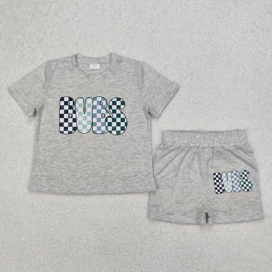 BSSO1304 BUBS Letter Plaid Offset Printing Grey Short Sleeve Top Shorts Set Boys Boutique Summer Clothes  202503 RTS