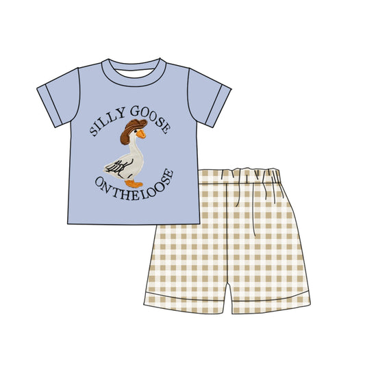 BSSO1305 Silly Goose On The loose Blue Letter Short Sleeve Top Beige Plaid Shorts Set Boys Boutique Outfit 202503 RTS