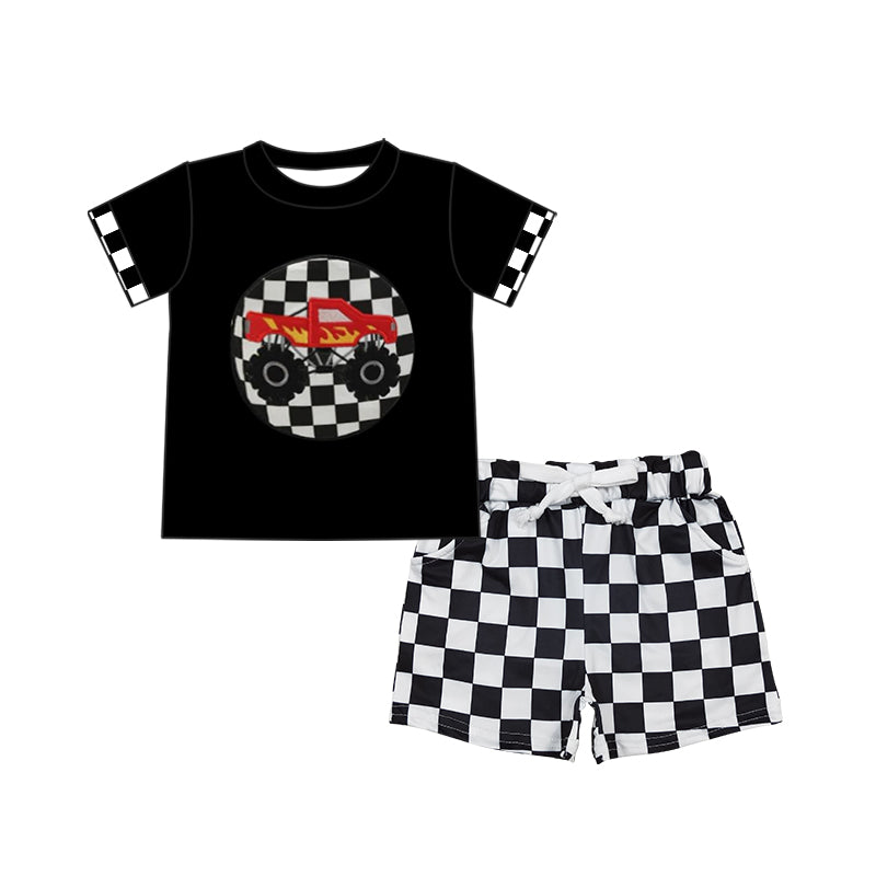 Preorder BSSO1306  Off-road vehicle black and white check Boys clothes short sleeve top shorts set Boutique Summer clothes  202502 RTS