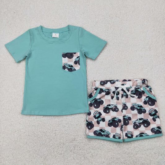 BSSO1316 Blue Green cars short sleeve top shorts set boys Boutique Summer clothes 202504 RTS