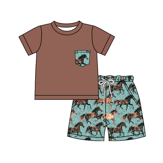 preorder BSSO1321 Western Rodeo Brown Horse Short Sleeve Top Green Shorts Sets Boys Boutique Outfit 202503