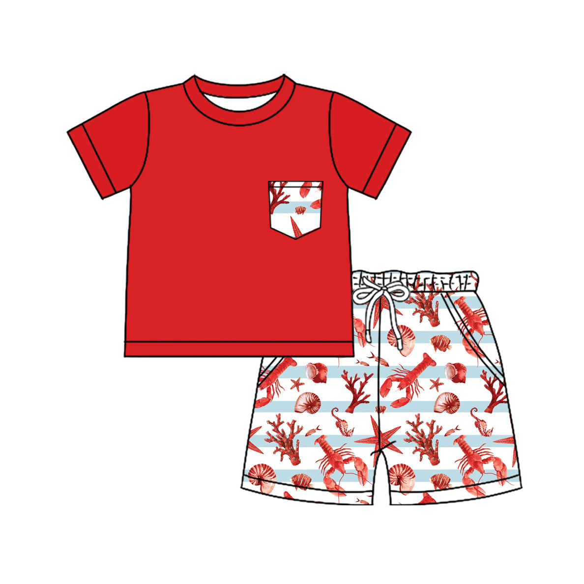 preorder BSSO1322 Lobster red Short Sleeve Top White Shorts Sets Boys Boutique Outfit 202503
