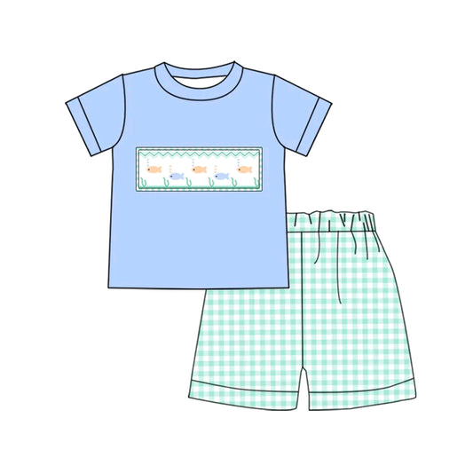 preorder BSSO1323 Blue Fish Short Sleeve Top Green Plaid Shorts Sets Boys Boutique Outfit 202503