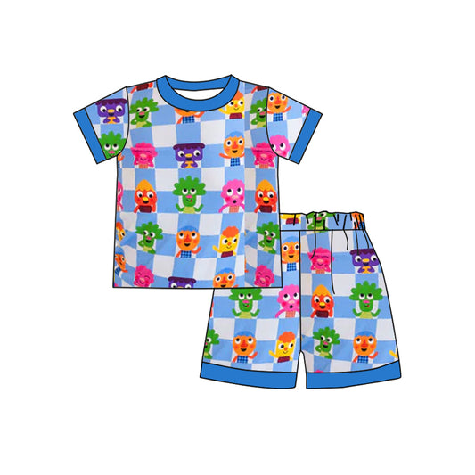 preorder BSSO1325 Cartoon Blue Plaid Short Sleeve Top Shorts pajamas set Boys boutique outfit 202503