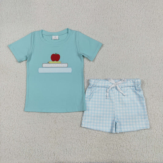 BSSO1329 Embroidered Pencil Apple Back to School Blue Green Short Sleeve Shorts Sets Boys Boutique Clothes  202506 RTS