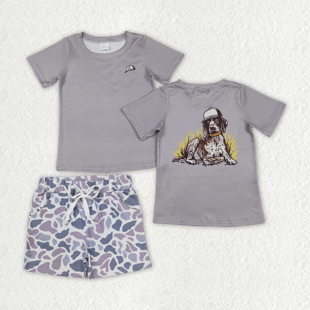 BSSO1336 Hat Puppy grey short sleeve top camo shorts set Boys Boutique clothes  202502 RTS
