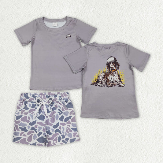 BSSO1336 Hat Puppy grey short sleeve top camo shorts set Boys Boutique clothes  202502 RTS