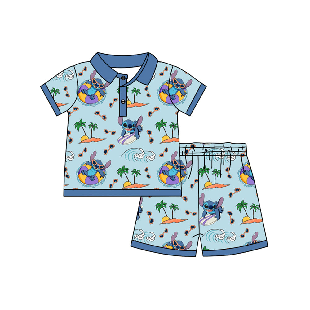 preorder BSSO1351 Blue Cartoon Stitch Polo short sleeve top shorts set boys Boutique Summer outfit 202502