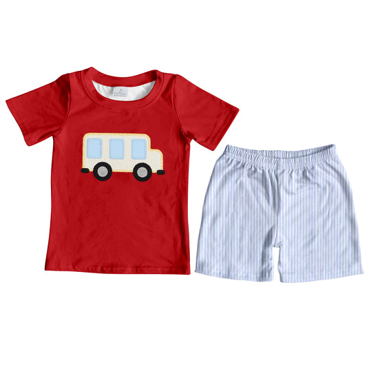 preorder BSSO1360 Red bus blue plaid short sleeve top shorts set boys Boutique Summer outfit 202502