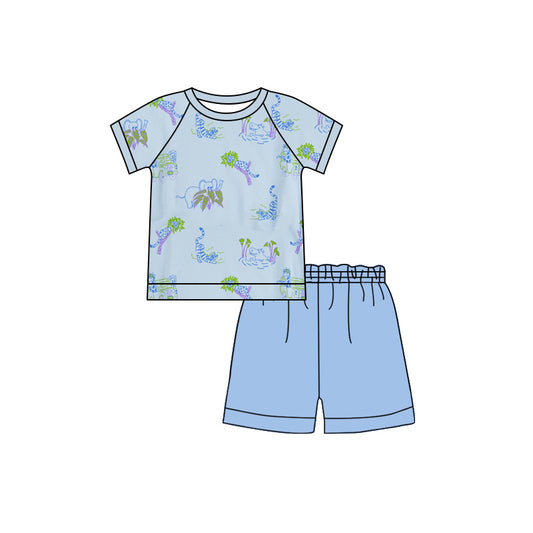 preorder BSSO1361 Elephant crocodile Blue short sleeve top shorts set Boys Boutique Summer outfit 202502