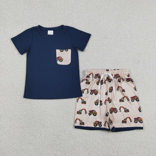 BSSO1364 Cars Beige Pocket Navy Short Sleeve Top Shorts Boys Sets 202604 RTS