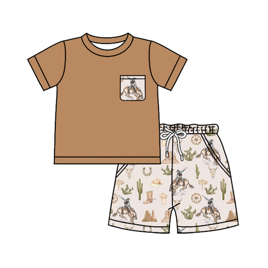 preorder BSSO1372 Brown Cactus horse western rodeo fashion short sleeve top shorts set Boys Boutique outfit 202502