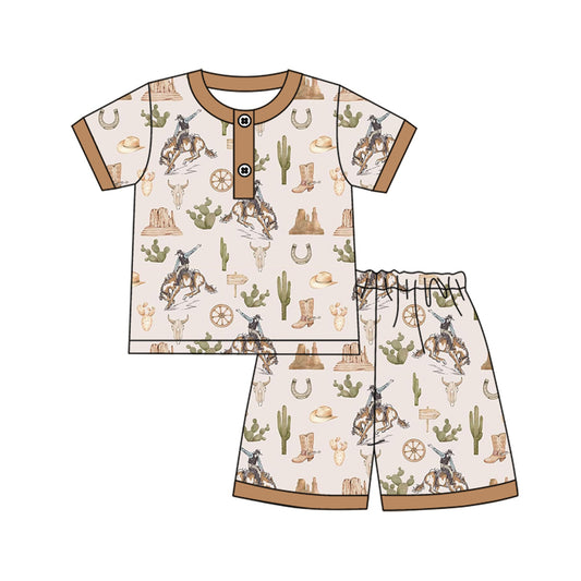 preorder BSSO1373 Brown Cactus horse western rodeo fashion short sleeve top shorts pajamas set Boys Boutique outfit 202502