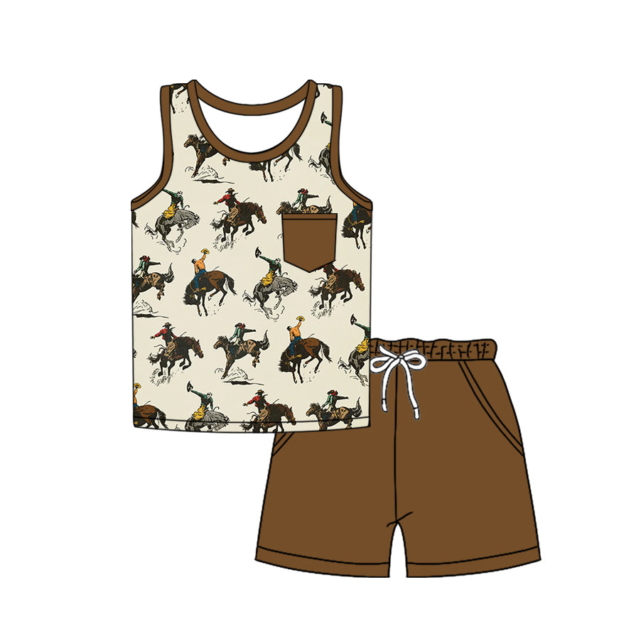 preorder BSSO1378 Brown cactus horse rodeo fashion sleeveless top shorts set Boys Boutique outfit 202502