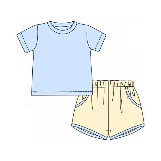 preorder BSSO1381 Pure Light Blue short sleeve top yellow shorts set Boys Boutique outfit 202502